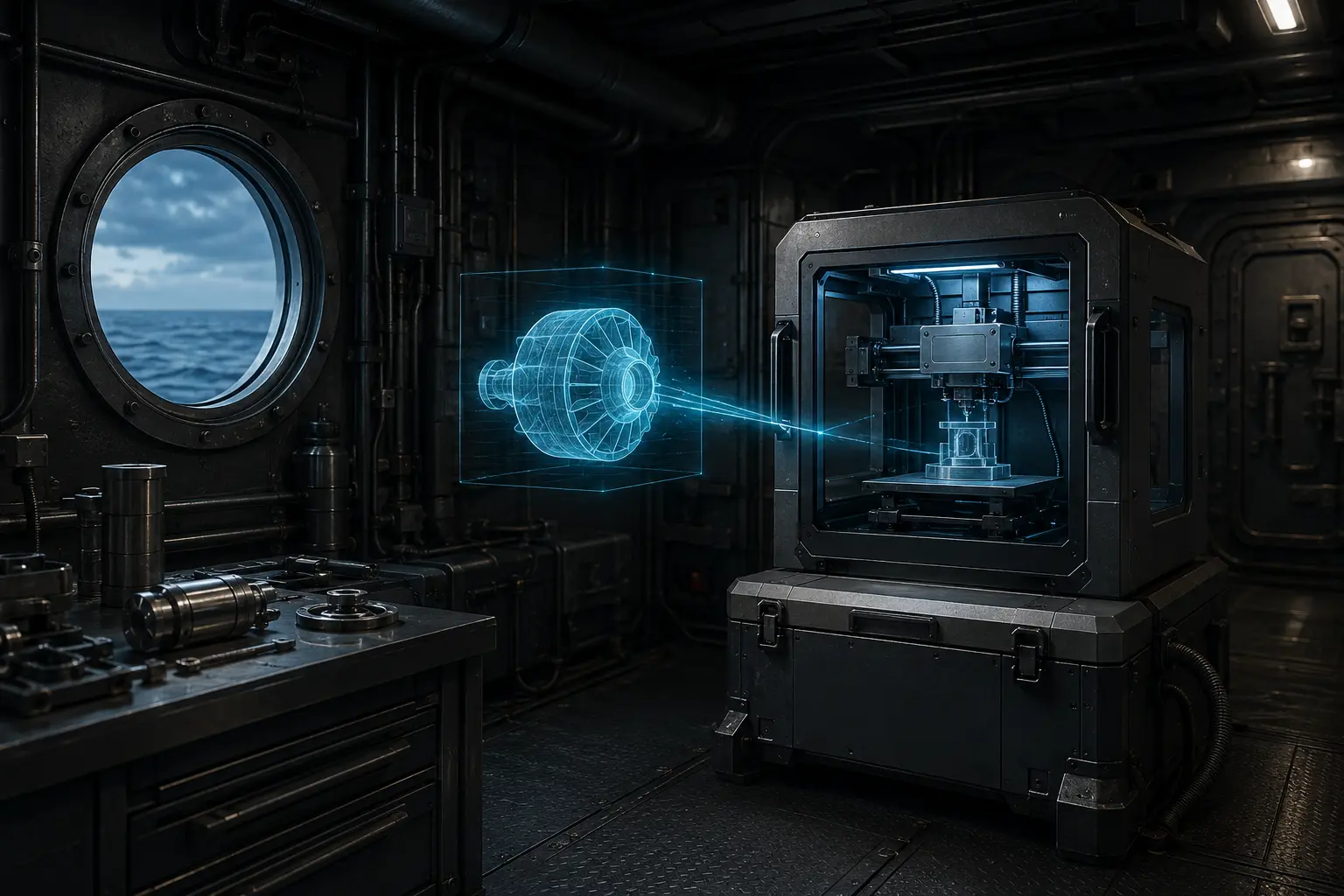 Conceptual illustration of Secure Additive Manufacturing for Naval MRO